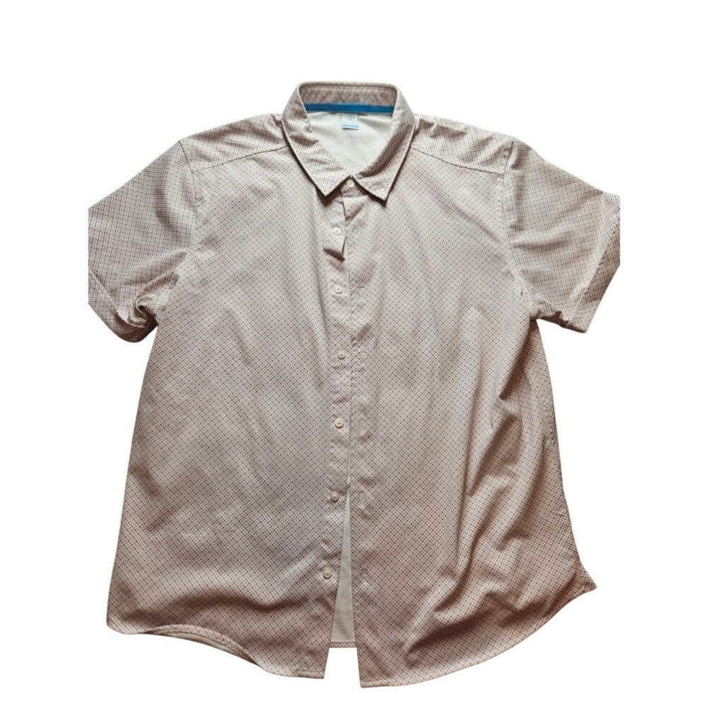 REV Mens Short Sleeve Button Down Shirt Tan Burgundy Grid Pattern Size Large